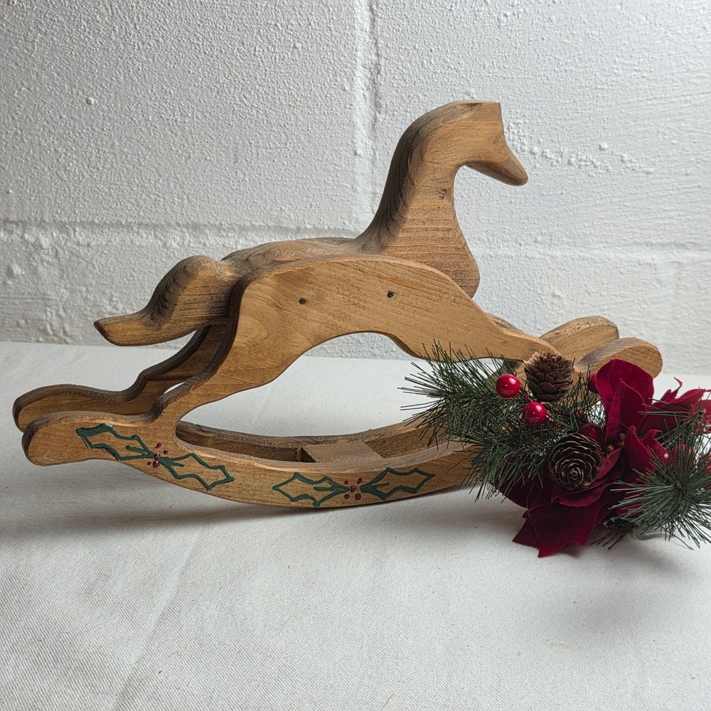Vintage Primitive Wooden Rocking Horse Christmas Decor Hand Painted Holly Berry